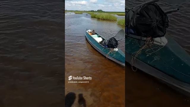 Очень низкий уровень воды и вот тащу байдарку за верёвку