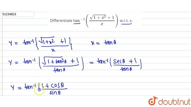 Differentiate `tan^(-1)((sqrt(1+x^(2))+1)/(x))` w.r.t. x.