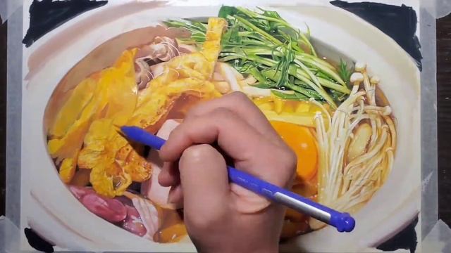 鍋焼きうどんを煮込みました。This is Nabeyaki udon drawn with paint.
