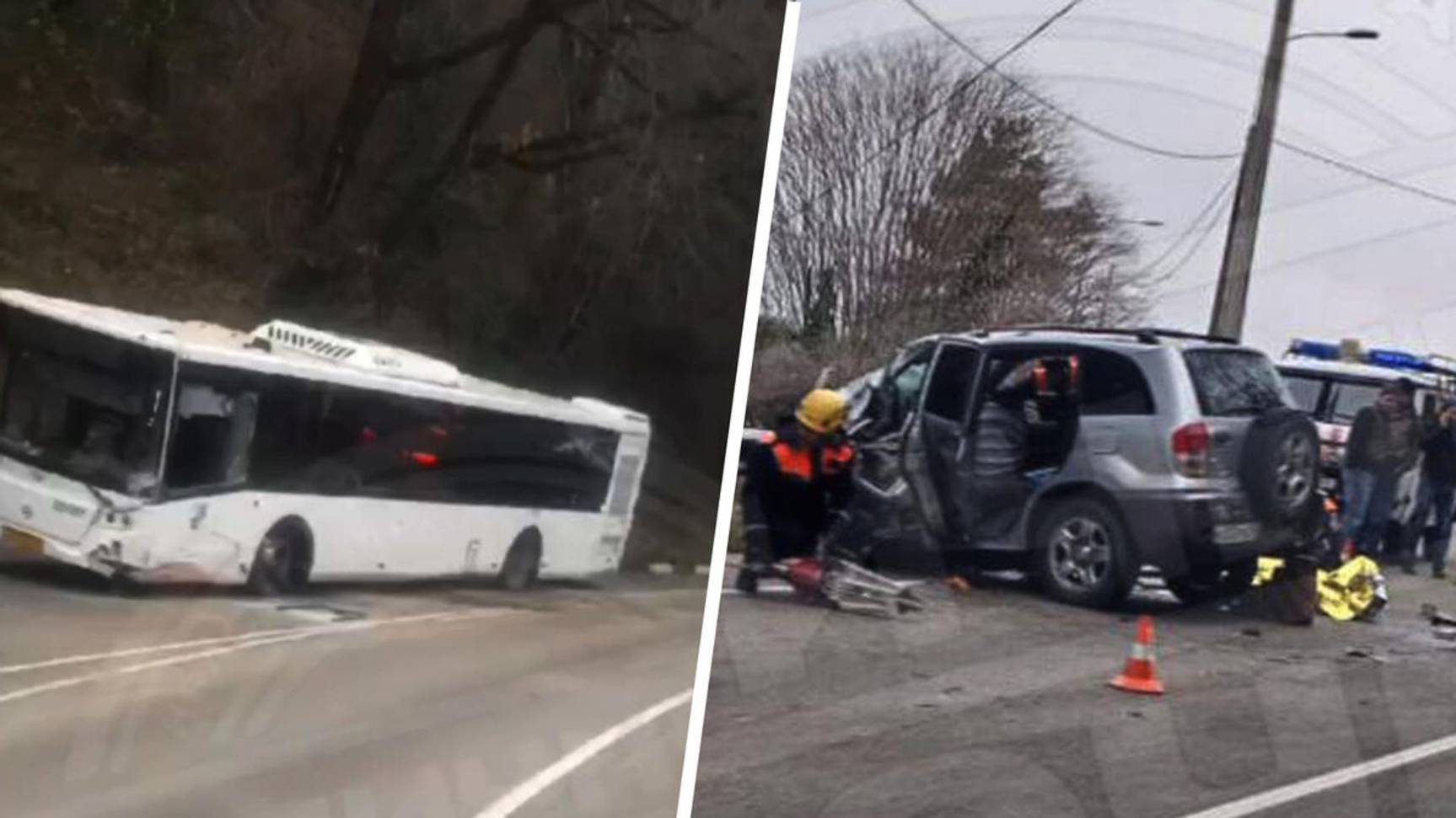 На видео попали последствия ДТП с Toyota, протаранившей лоб в лоб автобус в Сочи