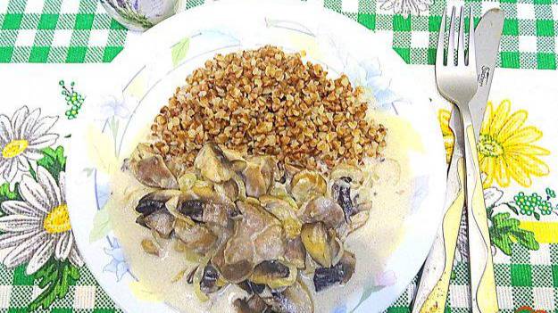 Подлива с куриными желудками и шампиньонами