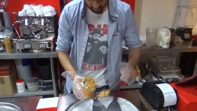 Indian / Thailand Street Food "Stir Fried Tawa Ice Cream" Fresh Hand Made Rolled Gelato Ice Cream.