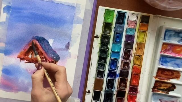 Анна | FineArt. Новогодний Домик. Акварель без карандаша. Видео 3