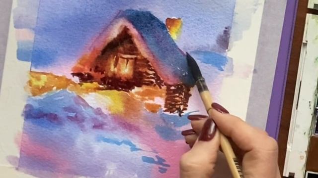 Анна | FineArt Новогодний Домик. Акварель без карандаша. Видео 4