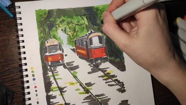 Как нарисовать трамвай маркерами урок № 22