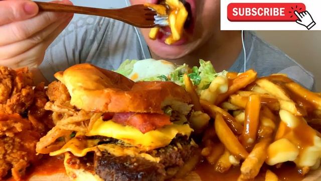 ASMR EATING HUGE ANGUS BURGER, HOT SAUCY CHICKEN STRIPS, POUTINE, CAESER SALAD (No talking) mukbang