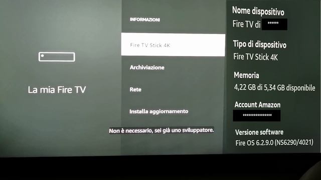 Come attivare opzione sviluppatore nascosta su firestick tv amazon aggiornata Fire OS 6.2.9.0