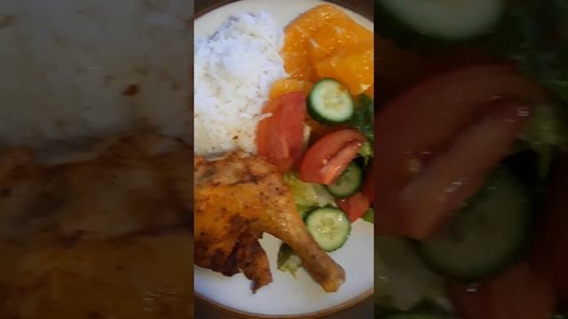 Roast Chicken With Rice, Salad, and Fruit #chicken #rice #salad #orange #lunch