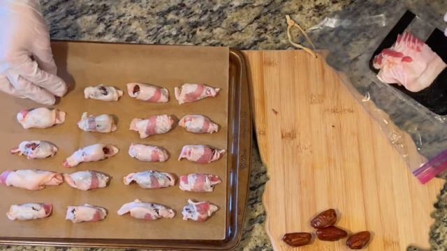 Bacon wrapped dates, stuffed with an almond  A unique appetizer