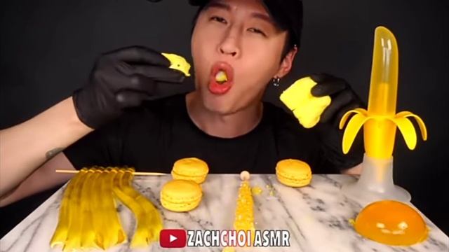 Zach chois eating jelly banana pineapple rocket candys and banana macarons