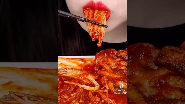 Spicy enoki mushrooms and octopus tentacles  || ASMR || MUKBANG || NO TALKING