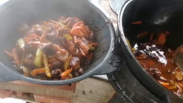КАЗАН И МИРОВАЯ ЗАКУСКА, ШАШЛЫК С ОВОЩАМИ, КАРТОШКА С ЛУКОМ,