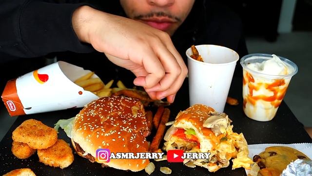 ASMR BURGER KING VS FIVE GUYS BURGERS AND FRIES CHICKEN NUGGETS IMPOSSIBLE WHOPPER MUKBANG ICE CREA