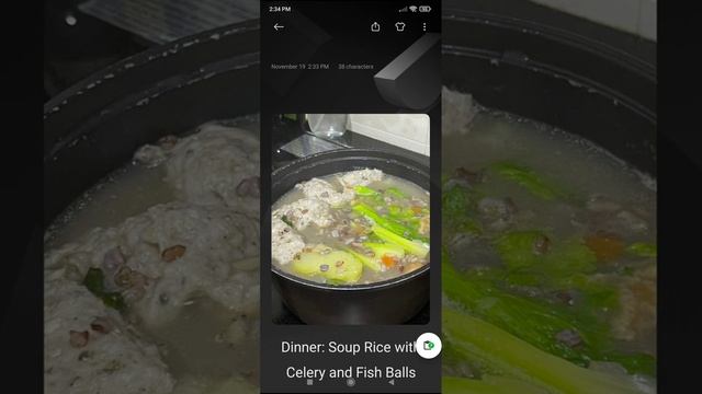 Dinner: Soup Rice with Celery and Fish Balls