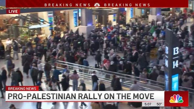 Pro-Palestinian demonstrators rally inside Penn Station's Moynihan Train Hall | NBC New York