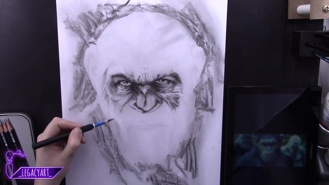 Drawing Caesar from War For The Planet Of The Apes in Pencil & Charcoal