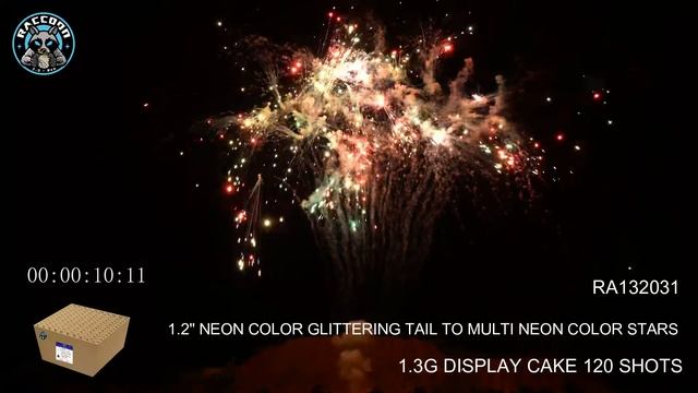 Raccoon Firework 1.3G DISPLAY CAKE 120 SHOTS RA132031 NEON COLOR GLITTERING TAIL MULTI NEON COLOR