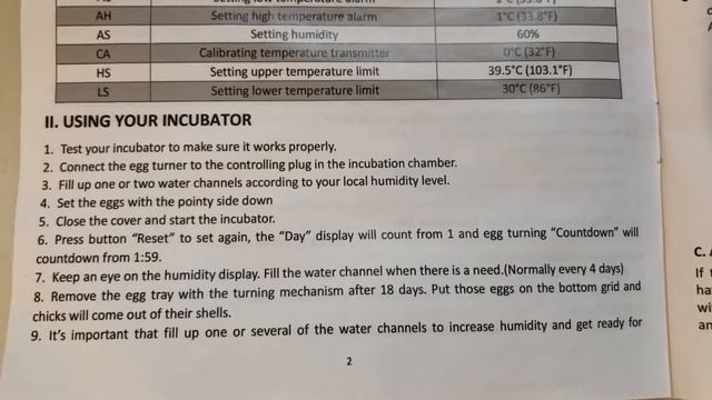 Manual for automatic egg incubator