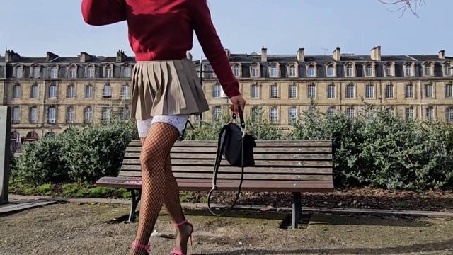 winter coat/ knit sweater / pleated mini skirt / hightheels shoes / fishnets stockings