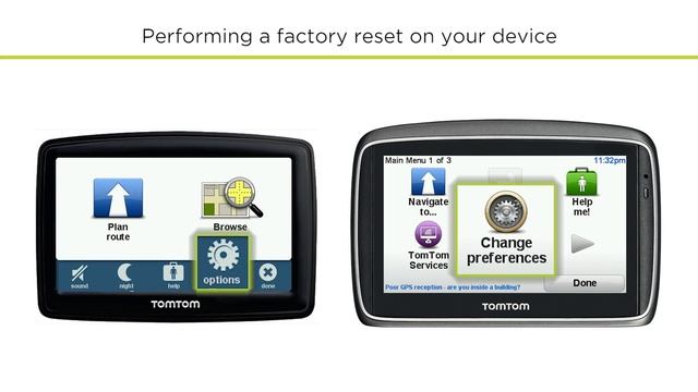 How to perform a factory reset on a device that connects to TomTom HOME