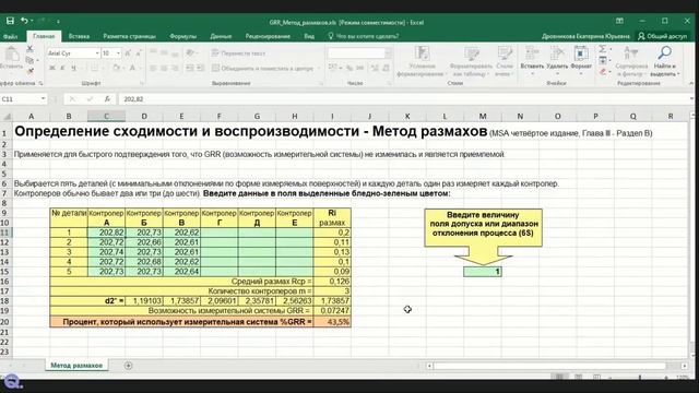 Практическая работа: "MSA. Исследование сходимости и воспроизводимости - GRR, метод размахов"