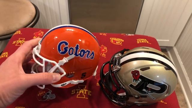 Looking at the difference between a Riddell football mini helmet and a Schutt mini football helmet.