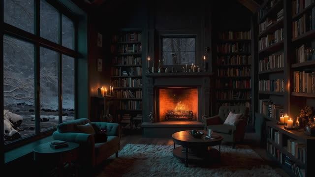 Moody Winter Library Reading Corner Ambience _ Peaceful Music with Crackling Fire and Snowfall