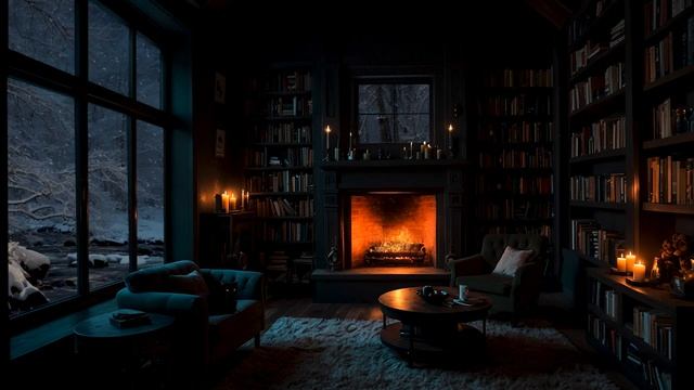 Moody Winter Library Reading Corner Ambience _ Peaceful Music with Crackling Fire and Snowfall