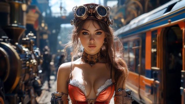 The  Steampunk Queen in a World of AI and Futurism Machines.