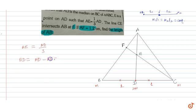 Given that AD is the median on BC of `DeltaABC`,point on AD such that `AE=1/3 AD`. The line CE