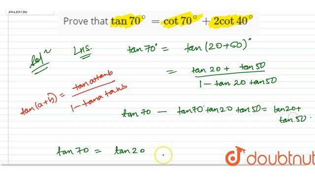 Prove that `tan 70^(@)=cot70^(@)++2cot40^(@)`