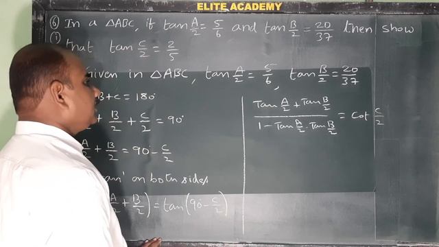 In a triangleABC , if tan A/2 = ⅚, tan B/2 = 20/37 then show that tan C/2 = ⅖. @EAG
