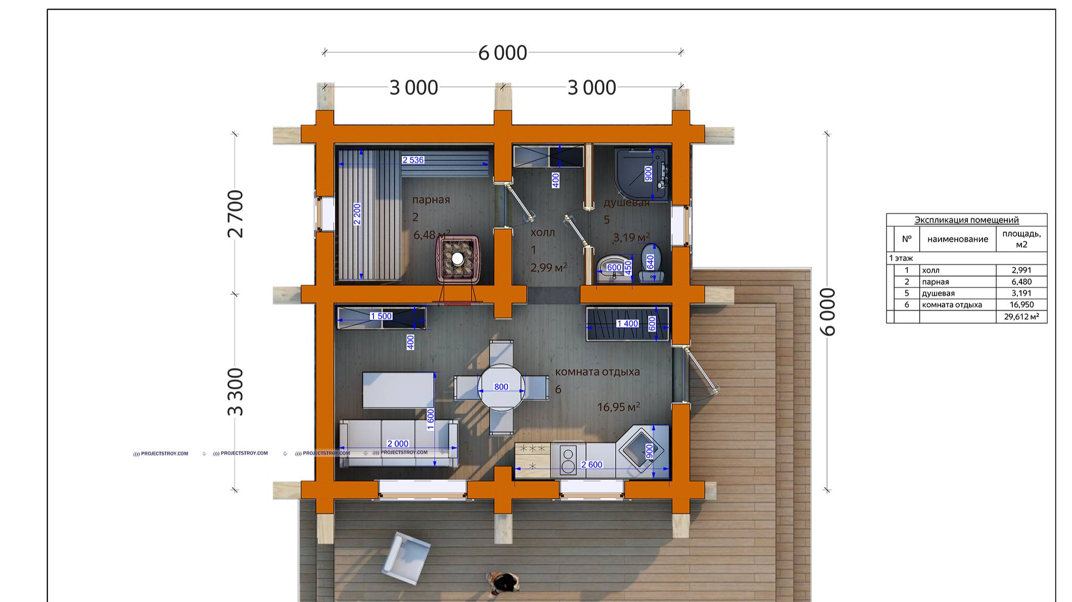 Проект бани 6х6 м из бревна до 30 кв. м