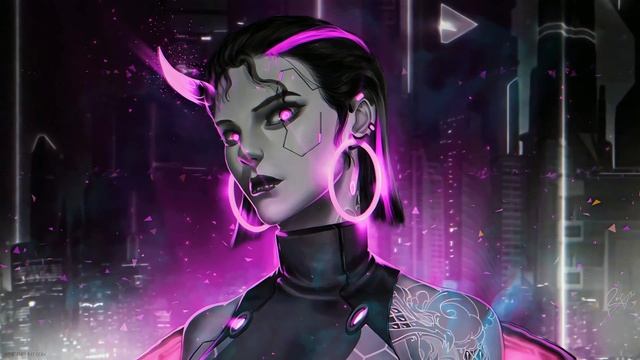 Неоновая Девушка | Neon Cyberpunk Babe with Horn - Живые Обои