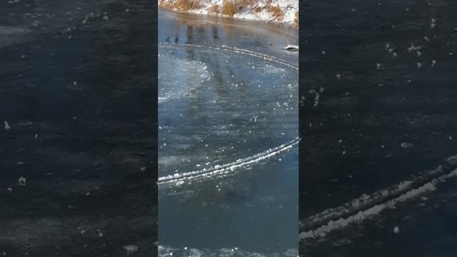 Редкое природное явление. Идеально ровный круг из льда в озере вращается.