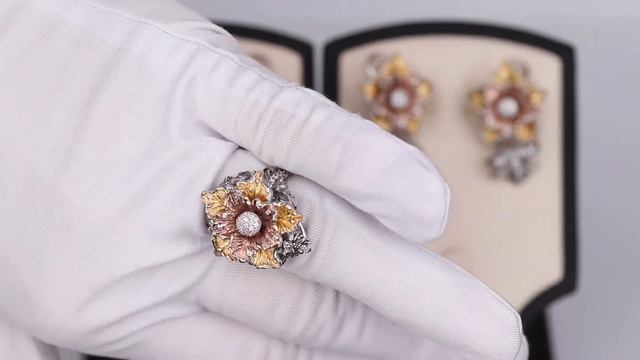 Серьги и кольцо из серебра с позолотой и фианитами «Флора»
