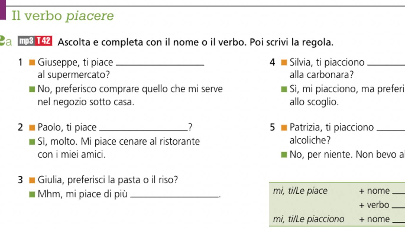 Nuovo Contatto A1 - Unita 4 - il verbi piacere  - 42 Traccia Audio