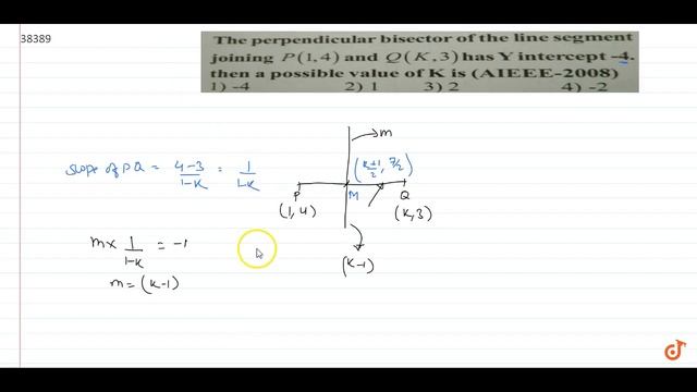 3. The perpendicular bisector ofthe line segment joining P(1,4) and Q(K,3)has Yintercept -4 the...