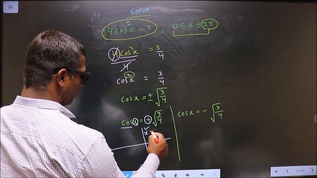 Trigonometric  equations   Solve         〖4〖cos〗^2〗(x)  =3        Where    0≤x≤2π