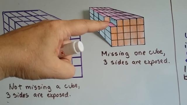 Grade 7 Math #9.4c, How removing a cube increases surface area