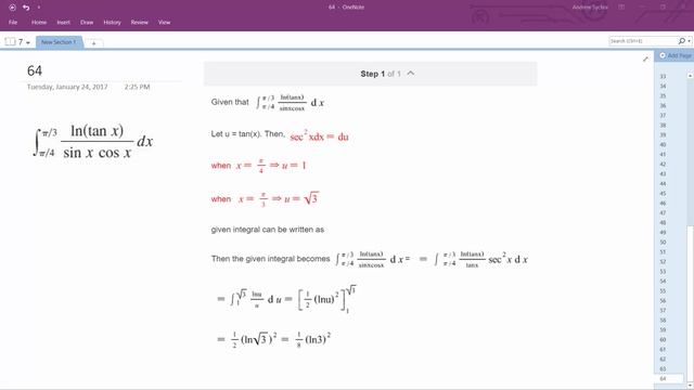 integrate ln(tan x)/(sin x cos x) dx from x = pi/4 to pi/3