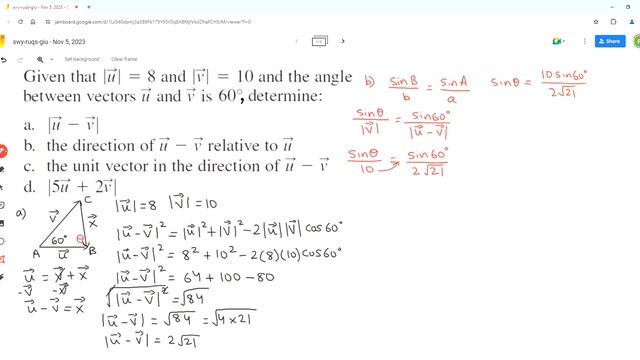 MAGNITUDES OF (u - v) & (5u + 2v) For Vector u With Magnitude 8 & Vector v With Magnitude 10