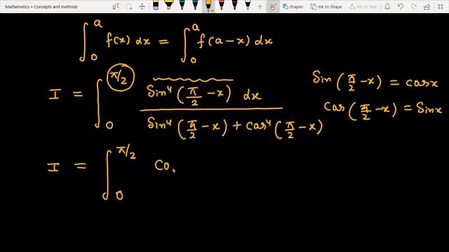 integrate 0 to pi/2 (sin^4x)/(sin^4x+cos^4x) dx  ||  (sin^4x)/(sin^x+cos^4x) dx
