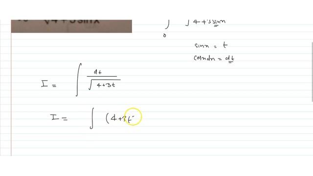 `int_0^(2pi)(cosx)/(sqrt(4+3sinx))dx`