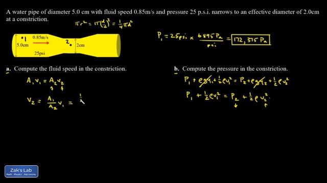 Pressure in narrow part of a pipe:  applying the continuity equation and Bernoulli's equation.