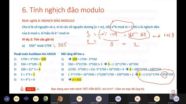 Thuật toán Euclid mở rộng   Tìm nghịch đảo modulo  Extended Euclidean Algorithm