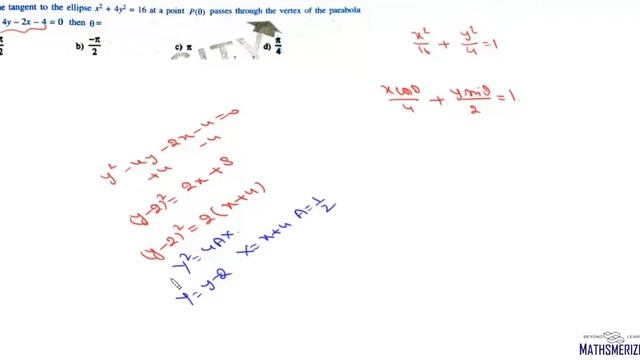 If the tangent to x^2+4y^2=16 passes through vertex of parabola y^2-4y-2x-4=0 find eccentric angle?
