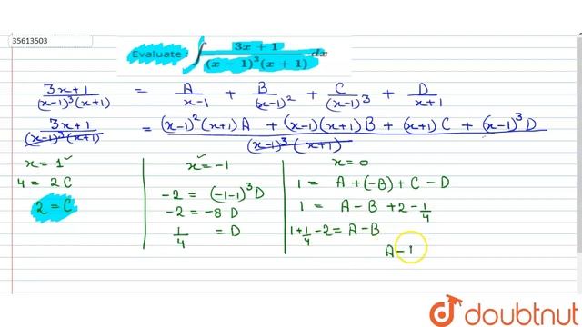 Evaluate : `int(3x+1)/((x-1)^(3)(x+1))dx`