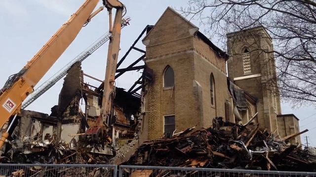 Aurora United Church R.I.P. Start of Debris Removal by Priestly Demolition and Building walk around