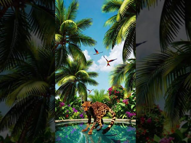 Exotic Cat Dancing by a Tropical Oasis | Paradise Vibes